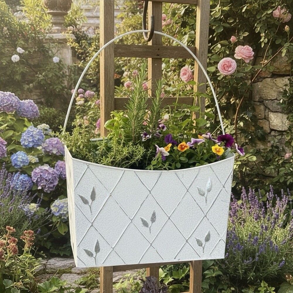 White Metal Hanging Planter Basket Cottage Garden Herb Holder Farmhouse